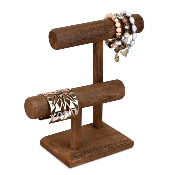 Ikee Design 2 Tier Wooden Jewelry Bracelet Watch Display Tower, Bangle Scrunchie Necklace Holder Storage Stand, 7.9 W x 4.3 D x 9.4 H in, Brown Color
