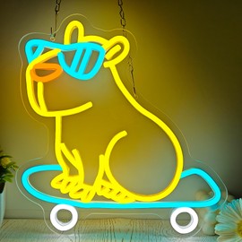Capybara Neon Sign Cute Animal Neon Signs for Wall Decor Skateboarding Capybara LED Light for Bedroom Kid Room Game Room Pet Store Party Decor Birthday Gift for Kids