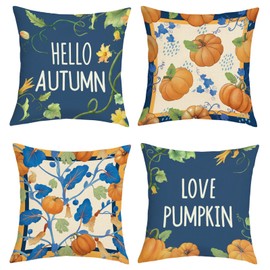 Joymaiosn Blue Autumn Pumpkin Thanksgiving Throw Pillow Covers 18x18 Inch Set of 4 Hello Fall Pumpkin Leaves Farmhouse Cushion Covers Home Decor for Couch Cushion Cases
