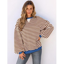 UEU Womens Oversized Sweatshirts Casual Striped Pullover Tops Long Sleeve Crewneck Fall Trendy Preppy Clothes Coffee Striped Small