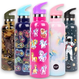 Fringoo - Magic Unicorn Water Bottle with Straw- Tall BPA Free Water Bottles - Insulated Water Bottle - Stainless Steel Water Bottle - Kids Water Bottles - Reusable Water Bottle - 600 ml