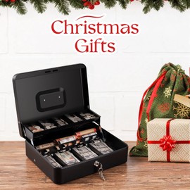 Cash Box with Lock Key and Money Tray - Large Money Box for Cash Register, Metal Lock Box for Money Safe 11.8" x 9.4" x 3.54" Black