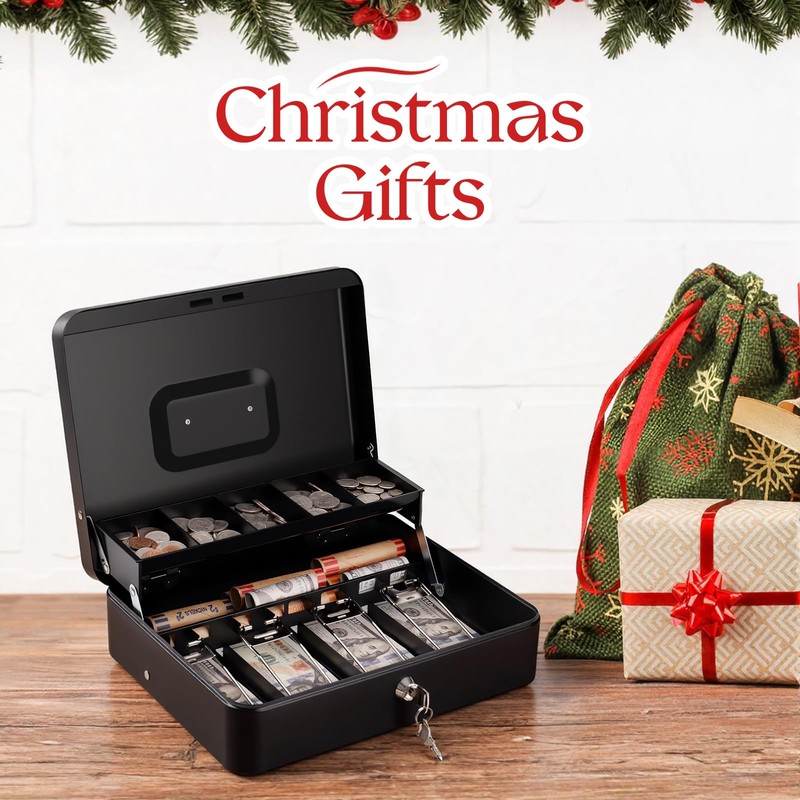Cash Box with Lock Key and Money Tray - Large