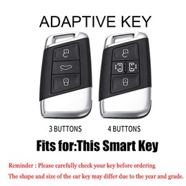 HIBEYO 4 Button Key Fob Cover Compatible with Volkswagen Passat Golf Alltrack Atlas Jetta Skoda Superb A7 Kodiaq Tiguan Accessories Metal Painted Key Shell with Leather Keychains-4 Button Black