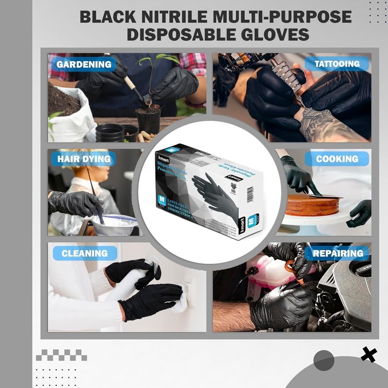 K-MART Black Nitrile Multi-Purpose Disposable Gloves, Powder Free, Disposable, Extra