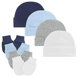 Baby Hats and Mittens Set Newborn Essentials Beanie Newborn Infant Hats for Baby Boys Girls White & Light Blue & Navy & Gray