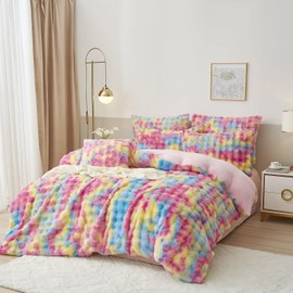 Luofanfei Winter Plush Bed Linen 135 x 200 cm Rainbow Warm Cuddly Fluffy Flannel Colourful Bed Linen Set Winter Bed Linen Microfibre Fleece Duvet Cover and Pillowcase 80 x 80 cm with Zip