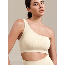 ODODOS Seamless One Shoulder Sports Bra for Women Ribbed Asymmetrical Non Padded Yoga Crop Tank Tops, Ivory, Medium