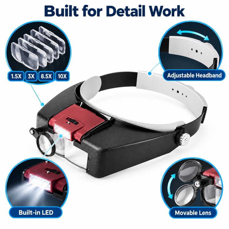 Head-Mounted Magnifier with LED Light – 1.5X, 3X, 8.5X &