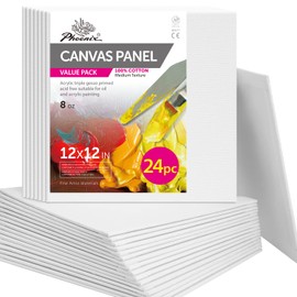 PHOENIX Painting Canvas Panels 12x12 Inch, 24 Bulk Pack - 8 Oz Triple Primed 100% Cotton Acid Free Square Canvases for Painting, White Blank Flat Canvas Boards for Acrylic, Oil Paints
