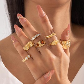 Chunky Gold Rings for Women Non Tarnish Boho Stackable Gold Rings Set Adjustable Statement Pearl Flower Shell Starfish Gemstone Joint Finger Midi Knuckle Ring Pack Christmas Stocking Stuffers Gifts