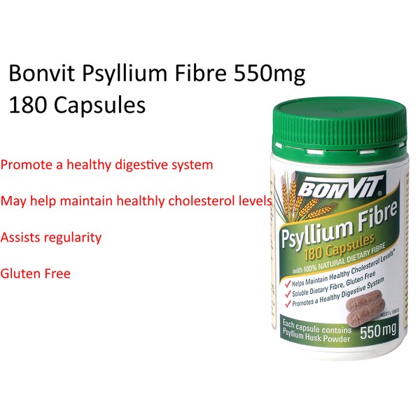 BONVIT Psyllium Fibre Capsules Gluten Free  ( 180 Capsules x 550mg ) Husk Powder