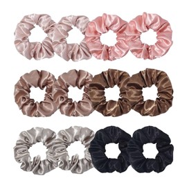 Qiwenr 12Pcs Silk Hair Scrunchies for Women, 6 Colour Soft and Silky Hair Accessories for Ladies, Lengthening Satin Scrunchies for Hair, for Thick Thin Curly Hair (Pink, Gray, Brown, Black)