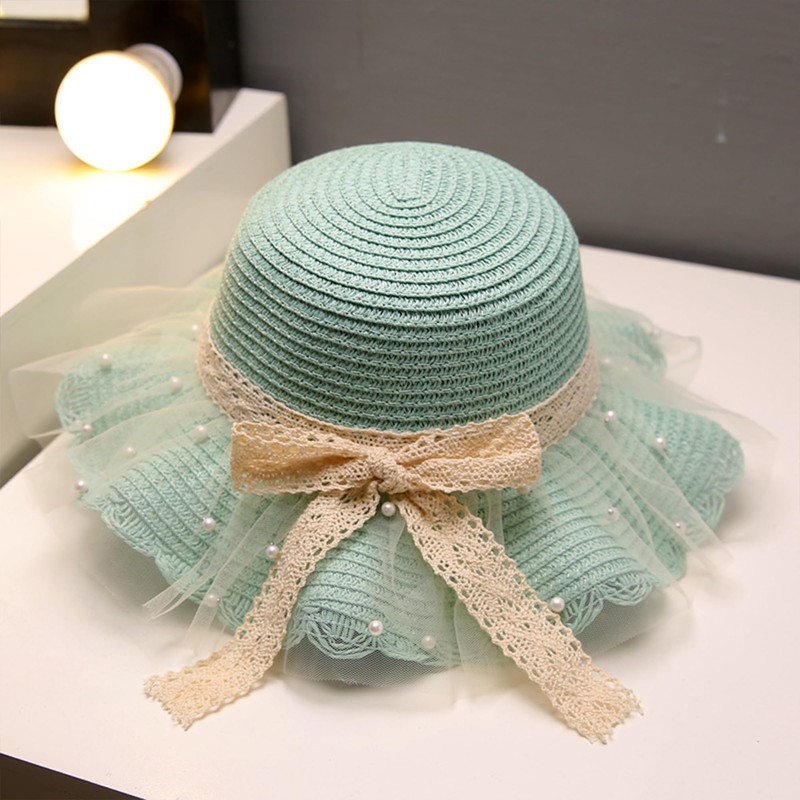 Little Girls Straw Sun Hat Lace Bow and Pearl Large