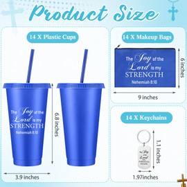 Skylety 42 Pcs Christian Gifts for Women Bulk 24oz Religious Plastic Tumbler Cup with Lid Straw Religious Scripture Makeup Bags Bible Verses Keychain Christian Gifts for Coworkers Volunteers