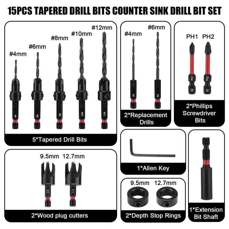 Mayouko Countersink Drill Bit Set, 15 PCS Tapered Drill Bits