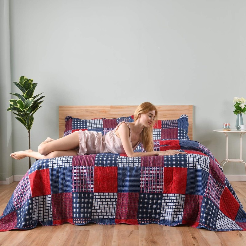 Ycosy Plaid Quilt Set Queen Size Country Patchwork Bedding Set