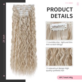 FLUFYMOOZ Clip In Hair Extensions,6PCS Hair Extensions Long Mermaid Waves Wavy Synthetic Clip On Hairpiece For Women 24 Inch (Blonde with White Blonde Highlights)