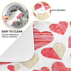 Red Gold Watercolor Hearts Love Dish Drying Mat 16x18 for Kitchen Valentine's Day Love Flowers Dishes Pad Dish Drainer Rack Mats Absorbent Fast Dry Kitchen Accessories