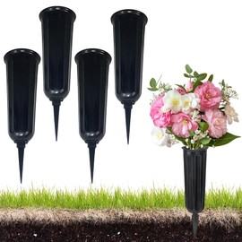 Lotvic Grave Vases with Spike, 4Pcs Grave Flower Holders, Plastic Cemetery Flower Pots, Memorial Vases for Graves, Grave Flower Pots for Graveside Lawn Yard Garden Decoration (Black)