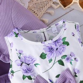 Yanmucy 2PCS Little Toddler Girls Dress with Cardigan Floral Dresses Ruffle Shrug Sweaters Spring Full Clothes for 2-12 Years Purple