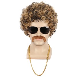 yuehong Short Curly Mens 70s Afro Disco Dirt Bag Wig With Mustache Necklace Set California Costume Hair Heat Resistant Synthetic Fibers Party Fashion Wig