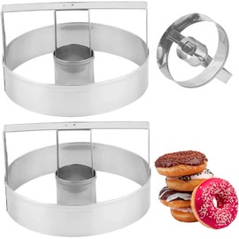 Cortador de donas con mango, 2 moldes de acero inoxidable para donas, herramienta para hornear pasteles y galletas con cortador agujeros