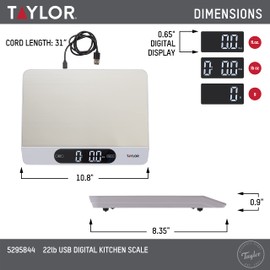 Taylor 22LB High Capacity Kitchen Food Scale with Stainless Steel Surface, Backlit Display, and USB Recharging Cord Included, White