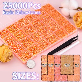 25000Pcs Resin Rhinestones with Tweezers for Crafting, Orange AB 2-6mm Mixed Sizes Non Hotfix Flatback Gems, Bedazzling Crystal for DIY Craft Clothing Mugs Tumblers Shoes Fabric Decor Nail Art