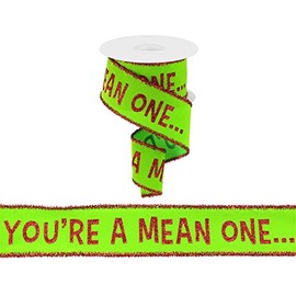You're a Mean One Velvet Wired Ribbon for Christmas Monster Bows, Wreaths, Crafts, Tree Toppers, and Decorations (2.5" x 10 Yards - Lime Green, Red)