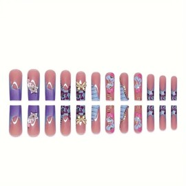 Press on Nails Long Square Fake Nails Blue False Nails with Flower Butterfly Design Glue on Nails Glossy Full Cover Stick on Nails Y2k Acrylic Nails Elegant Artificial Nails for Women Manicure 24Pcs