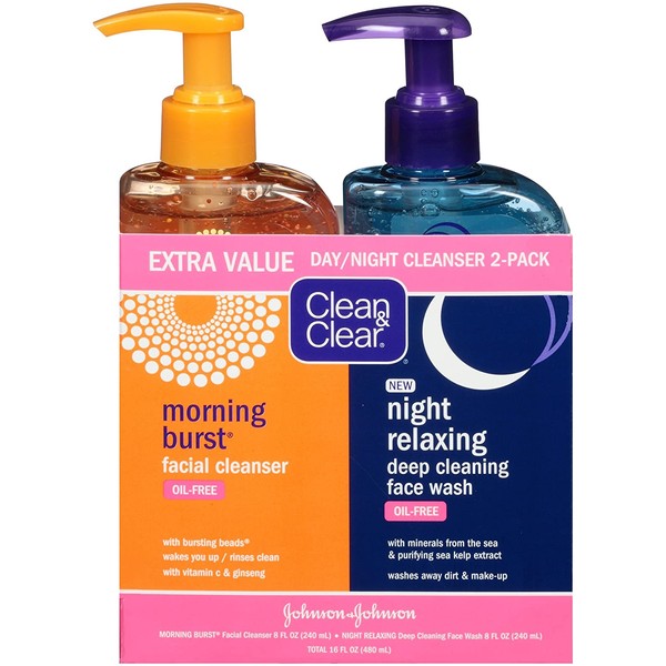 Clean & Clear 2-Pack Day and Night Face Cleanser Citrus Morning Burst Facial Cleanser with Vitamin C and Cucumber, Relaxing Night Facial Cleanser with Sea Minerals, Oil Free & Hypoallergenic Face Wash
