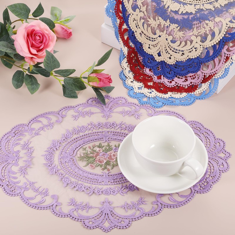sourcing map 6Pack Retro Lace Placemat 12x16-in Oval Embroidered Table