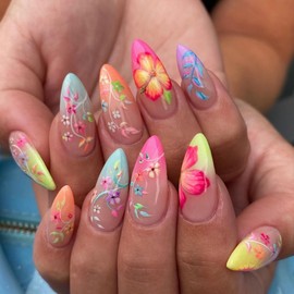 CEWEWP Flower Press on Nails Almond Fake Nails Colorful Gradient Nail Tips Spring Stick on Nails Acrylic Nails Long False Nails Gorgeous Floral Nails Designs Cute Nails for Women and Girls 24 Pcs