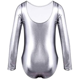 FUREINSTORE Dance Leotard Ballet Gymnastics Leotard Bodysuit Classic Shiny Stretch for Girls Long Sleeve Round Neck for Ballerina, silver, 8 Years