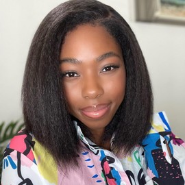 Yaki Straight Human Hair Bob Wig for Black Women 14 Inch Kinky Straight 13x4 HD Transparent Lace Front Wigs with Baby Hair Pre plucked Frontal 150%