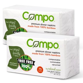 Compo Compostable Premium Dinner Napkins & Bathroom Guest Towels, Extra Absorbent 2-Ply Tree Free White Paper Napkins, Chlorine-Free, Made of Bamboo, 75 Count (Pack of 2)