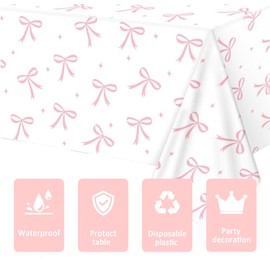 Cunegra 2Pcs Pink Bowknot Birthday Tablecloth Decorations Gingham Party Table Cover Disposable Waterproof Table Cloth Decorations for Picnic Banquet Birthday Tea Party Decorations