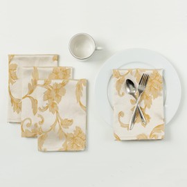 Benson Mills Harmony Scroll Woven Damask Fabric Set of 4 Napkins, Everyday, Parties, Special Occasions, Weddings and Holiday Cloth Napkins (18" x 18" Napkins, Silver – Gold)