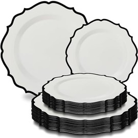 Contemporary Collection Combo White Plates with Black Rim - 7.5" - 10.5" (Pack of 32) - Sleek Modern Design - Perfect for Entertaining & Everyday Use
