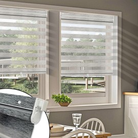 No Drill No Tools Cordless Zebra Blinds Dual Layer Sheer Roller Shades for Window Custom Size Sheer Privacy Window Blinds and Shades for Room Darkness, 33 1/2" W x 78" H, Light Filtering Silver Grey