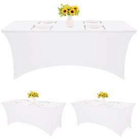 HAISIWLKJ 3 Pack Table Cloth 8ft White Tablecloths for Rectangle Folding Table Spandex Fitted Stretch Cover Wrinkle Resistant Washable Protector for Party, Wedding, Banquet, Festival.