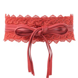 Aecibzo Womens Bowknot Faux Leather Wrap Around Obi Style Waist Band Belt (One Size, Red)