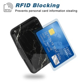Atufsuat Credit Card Holder, Mini Aluminum Card Wallet RFID Blocking Slim Metal Hard Card Case for Women Men, Black Marble
