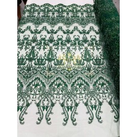 Mia Fabrics Hunter Green Beaded Fabric - Fancy Beaded Embroidered Damask Fabric By The Yard
