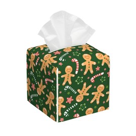 Candy Canes and Stars Leather Tissue Box Holder Christmas Green Gingerbread Tissue Box Cover Square Waterproof Tissue Holder Organizer Modern Napkin Holder for Bedroom Dresser Night Stand Office Desk