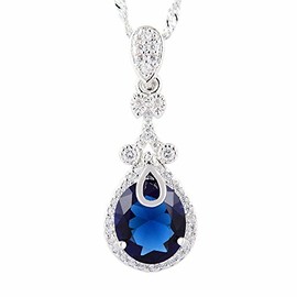 RIZILIA Pendant with 18" Chain & Oval Cut CZ [Simulated Blue Sapphire] in White Gold Plated, Simple Modern Elegant