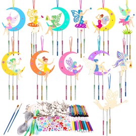 Ainiv 12 Pack Fairy Craft Kit for Kids, DIY Wooden Fairy Windchimes Crafts Kit for Children, DIY Arts and Crafts for Boys Girls Toddlers Gifts Crafting Party Activities Home Window Garden Decor