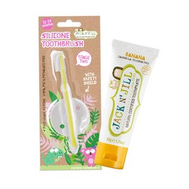 Jack N' Jill Toddler Silicone Toothbrush & Banana Toothpaste for Babies & Toddlers Bundle - Toddler Toothbrushes 1-2 Years Old, Infant Toothpaste, Safety Shield Included - 1.76 Fl Oz