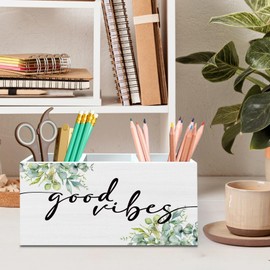 DILSJ Inspirational Sage Green Eucalyptus Pen Pencil Holder Organizer for Desk, Motivational Gifts for Women, Good Vibes Positive Wooden Box Signs for Home Office Desk Tabletop Decoration
